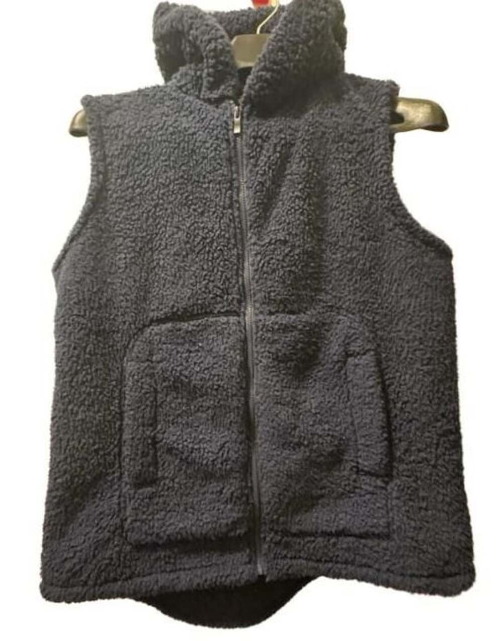 Zenana Outfitters Soft Sherpa High/Low Hem Hooded Fleece Navy Blue Vest Womens S